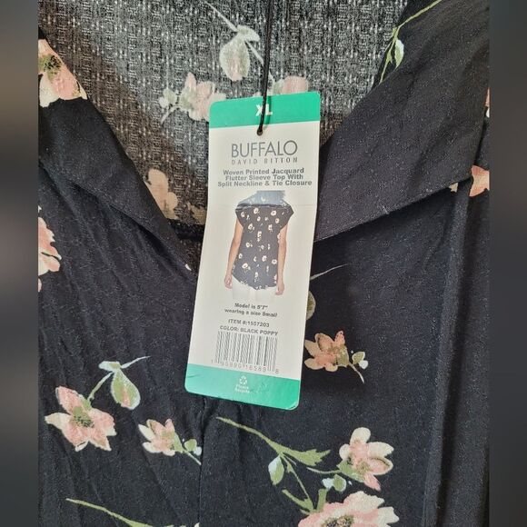 NEW Buffalo David Bitton Floral Jacquard Blouse Cottage Summer Black Pink XL - Picture 6 of 9